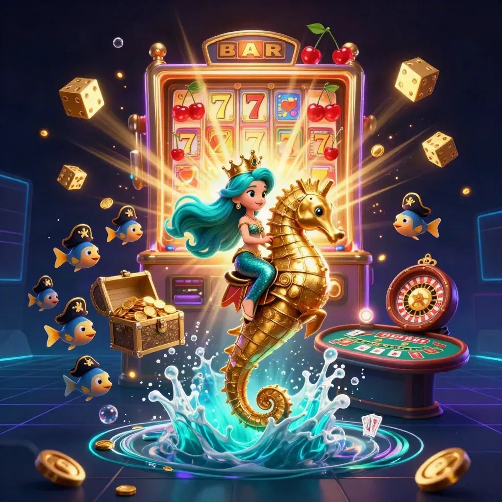 Mermaid princess on armored seahorse amid casino symbols, dice, treasure and neon underwater glow