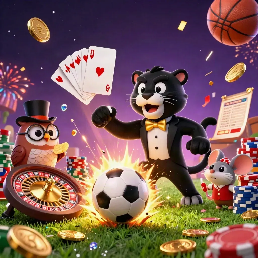 Cartoon casino heroes amid flying coins, cards and a blazing football strike.