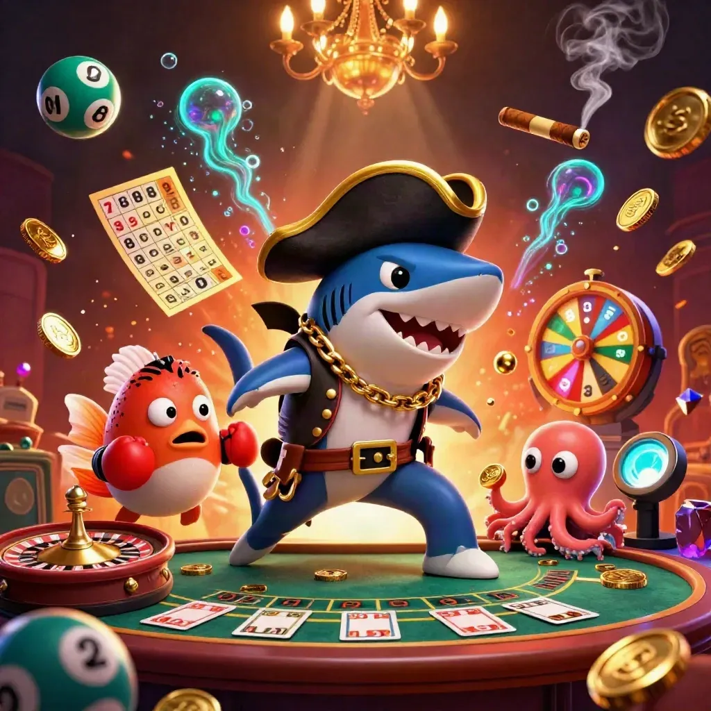 Pirate shark, boxing pufferfish, and juggling octopus in a glowing casino burst