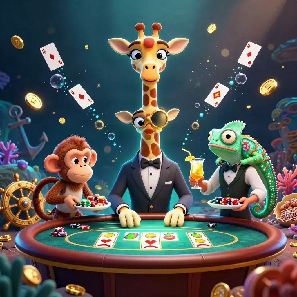 Giraffe high roller, monkey valet, and chameleon bartender in a cyan-lit treasure cove.