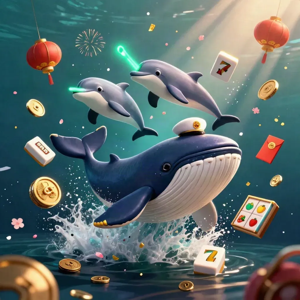Captain whale, narwhal and dolphins burst through casino coins with lanterns and jade symbols in dark teal glow.